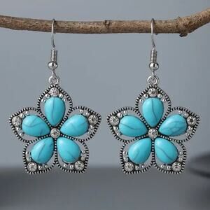 Turquoise & Zircon Flower Hook Earrings Western Fashion Valentine's Birthday NEW